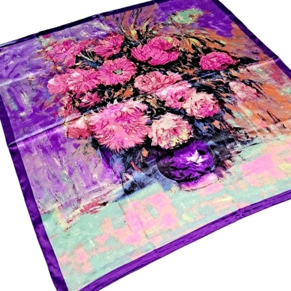 Square Satin Floral Print Neck Scarf Boho oversized oil painting 💖2/$30 - Picture 8 of 16